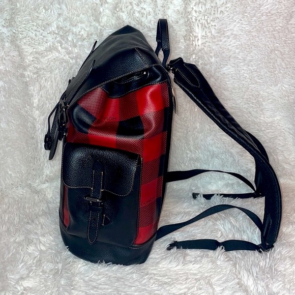 New Coach Unisex Hudson XL Drawstring Backpack in Red Black Buffalo Plaid Print - Picture 7 of 17